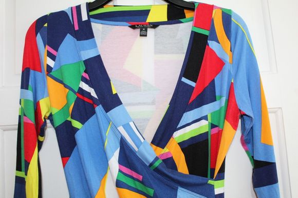 Ralph Lauren Women's  Top Size M Mock Wrap Retro Funky Colour And Pattern - Picture 3 of 8